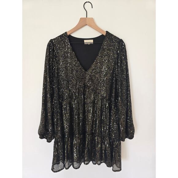 Melloday Black Gold Metallic Pleated Tunic Dress Size L Long Sleeve - Picture 1 of 3